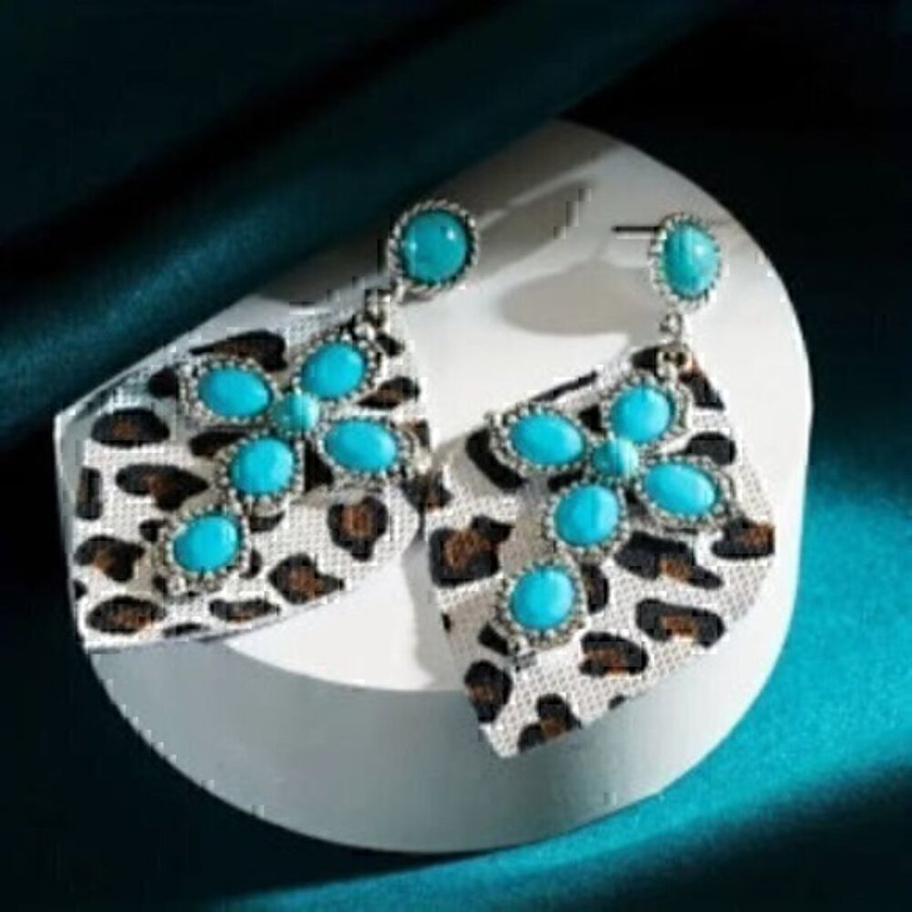 Cross With Turquoise Shiny Rhinestone Decor Leopard Earrings Retro Bohemian